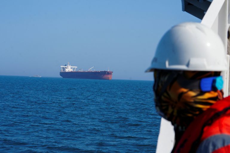 The Malta-flagged tanker Agios Fanourios I, an oil tanker that sailed through the Strait of Hormuz, arrives in Iraq’s territorial waters off Basra,Iraq April 17, 2026. REUTERS/Mohammed Aty