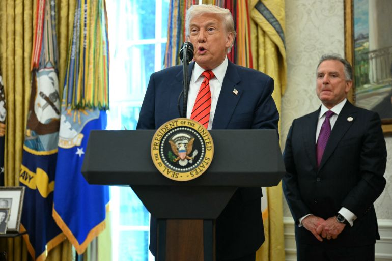 US President Donald Trump participates in a swearing-in ceremony for the Assistant to the President, Senior Advisor and Special Envoy Steve Witkoff (R) in the Oval Office of the White House in Washington, DC, on May 6, 2025. (Photo by Jim WATSON / AFP)