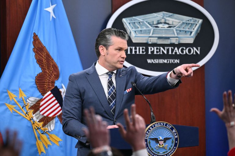 US Secretary of Defense Pete Hegseth takes questions during a news conference at the Pentagon in Washington, DC, on March 19, 2026.