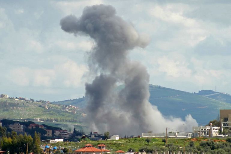 Smoke rises from the site of an Israeli strike that targeted an area in the southern Lebanese village of Nabatieh al Faouka, on April 12, 2026.