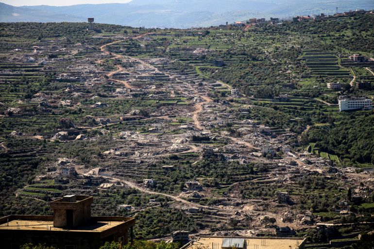 A general view shows demolished homes and structures destroyed by the Israeli army in the southern Lebanese village of Beit Lif, in the Bint Jbeil district on April 22, 2026.
