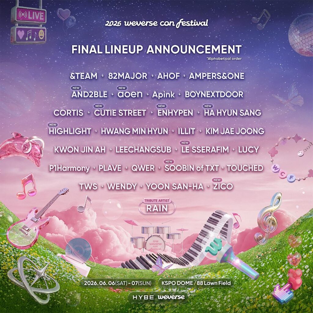 تم الإعلان عن 260415 LE SSERAFIM كجزء من تشكيلة الفنانين النهائية لمهرجان Weverse Con لعام 2026 في الفترة من 6 إلى 7 يونيو 2026.