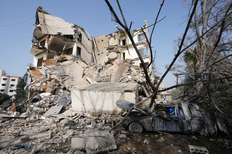 A destroyed building struck in an Israeli airstrike in the southern port city of Tyre, Lebanon, Saturday, April 4, 2026. (AP Photo/Mohammed Zaatari)
