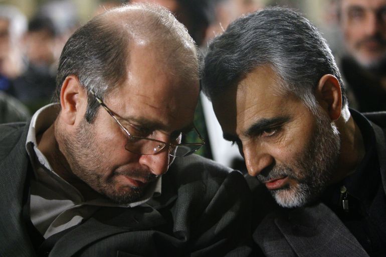 In this picture taken on Dec. 28, 2006, the commander of the Iranian Revolutionary Guard's Quds Force Brig. Gen. Ghassem Soleimani, right, talks with Tehran's mayor Mohammad Bagher Qalibaf, during a ceremony, in Tehran, Iran. (AP Photo/ISNA, Mehdi Ghasemi)