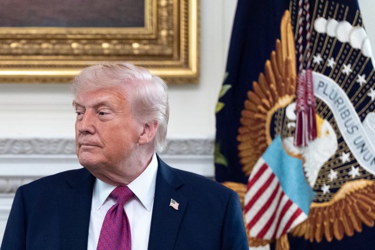 President Donald Trump departs after speaking at an event for NCAA national champions in the State Dining Room of the White House, Tuesday, April 21, 2026, in Washington. (AP Photo/Alex Brandon)