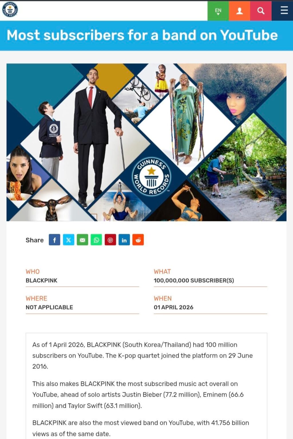 260407 حققت فرقة BLACKPINK 3 أرقام قياسية جديدة في موسوعة غينيس للأرقام القياسية لـ "أكثر عدد مشتركين لفرقة على YouTube"، و"أكثر عدد مشاهدات لفرقة على YouTube" و"أكثر فرقة نسائية استماعًا على Spotify"!