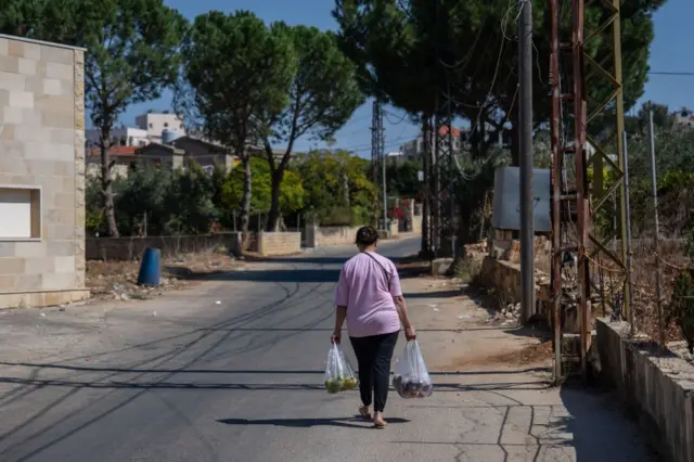 امرأة تحمل أكياس مشتريات بعد توصيل مواد غذائية إلى بلدة رميش الحدودية  في 9 أكتوبر/تشرين الأول 2024.