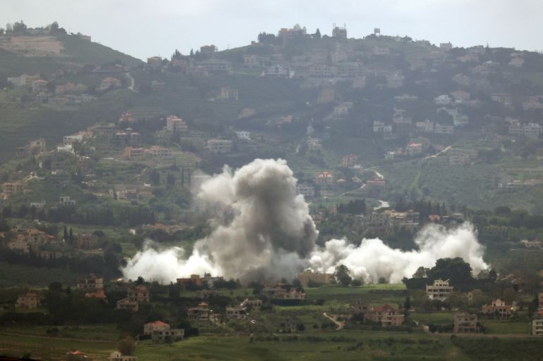 epa12919847 Smoke rises following an Israeli airstrike in a southern Lebanese village, as seen from the Upper Galilee in northern Israel, 28 April 2026, amid a ceasefire between Israel and Lebanon. EPA/ATEF SAFADI