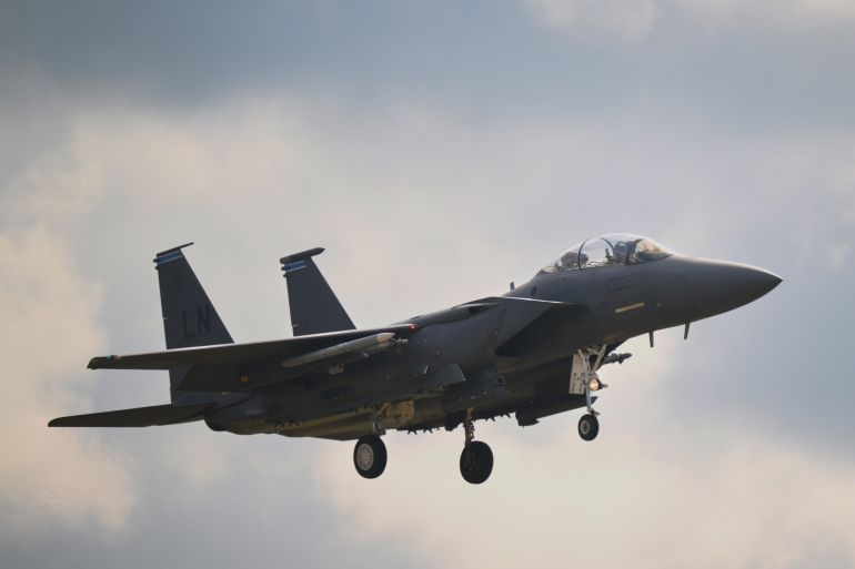 LAKENHEATH, UNITED KINGDOM - JULY 22: A USAF McDonnell Douglas F-15E Strike Eagle lands at RAF Lakenheath on July 22, 2025 in Lakenheath, United Kingdom. (Photo by Simon Galloway/Getty Images)