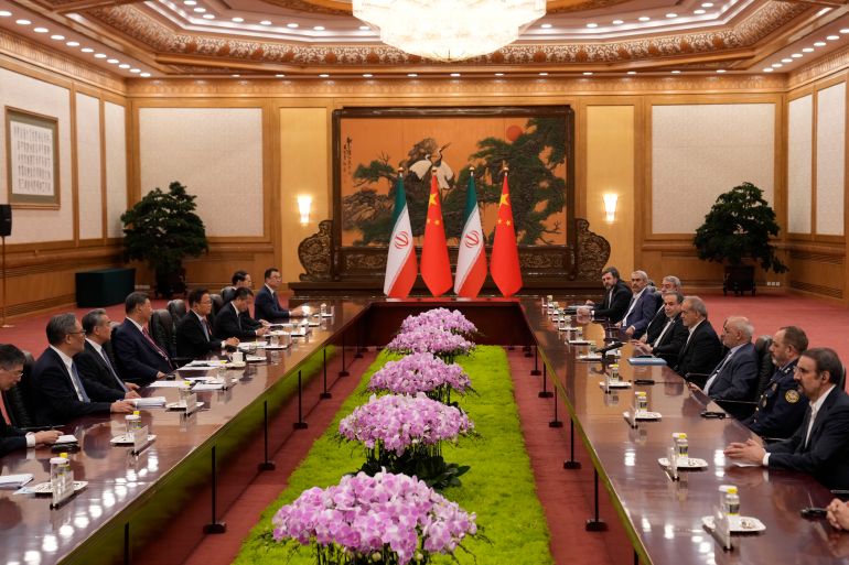 BEIJING, CHINA - SEPTEMBER 2: Iranian President Masoud Pezeshkian(R-4) attends a meeting with Chinese President Xi Jinping(L-4) at The Great Hall of the People on September 2, 2025 in Beijing, China. At the invitation of Chinese President Xi Jinping, 26 foreign heads of state and government will attend a military parade commemorating the 80th anniversary of the end of World War II and Japan's surrender. (Photo by Parker Song - Pool / Getty Images)