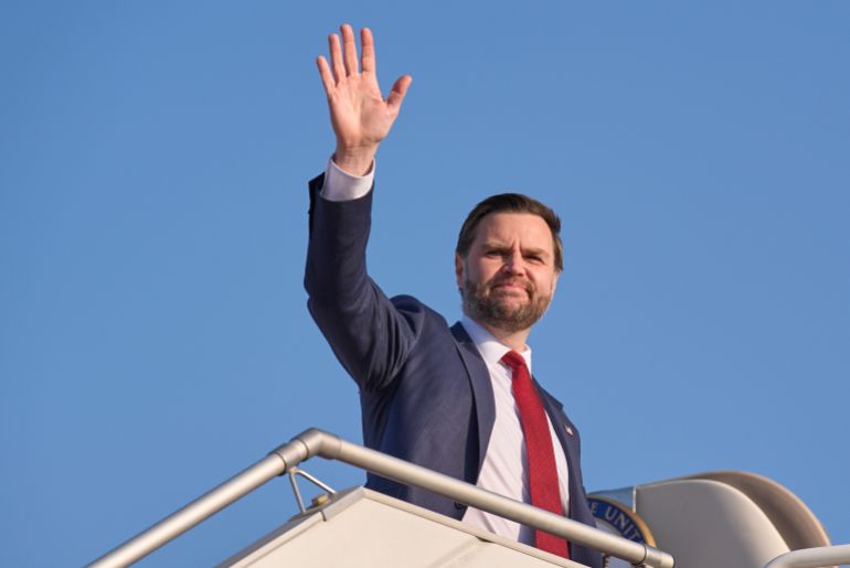 Vice President JD Vance waves while boarding Air Force Two as he leaves Islamabad on Sunday, April 12, 2026 in Islamabad, Pakistan. Vance spent 21 hours on the ground in Islamabad and stated an agreement was not made with Iran. (Photo by Jacquelyn Martin - Pool/Getty Images)