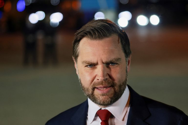 U.S. Vice President JD Vance speaks to the media before boarding Air Force Two to return to Washington, D.C., after the White House announced he would be leading the U.S. delegation in upcoming peace talks with Iran, from Budapest Ferenc Liszt International Airport in Budapest, Hungary, April 8, 2026. REUTERS/Jonathan Ernst/Pool