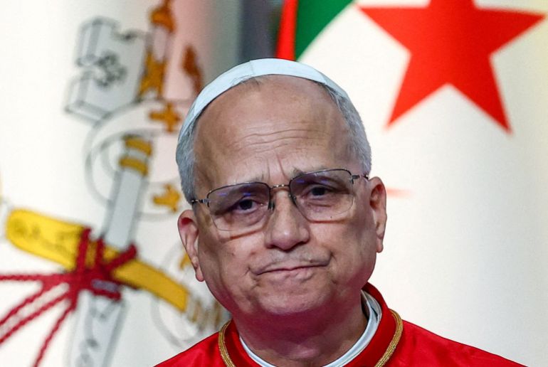 Pope Leo XIV addresses Algeria’s political leaders at the cultural centre of the Great Mosque of Algiers (Djamaa El Djazair), where he criticized violations of international law by “neocolonial” world powers, in Mohamadia, Algiers, Algeria, April 13, 2026. REUTERS/Guglielmo Mangiapane TPX IMAGES OF THE DAY
