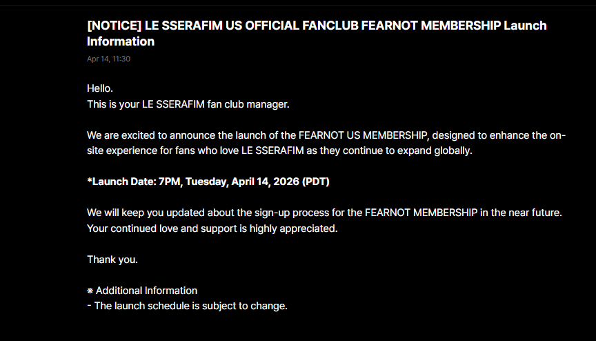 260414 LE SSERAFIM - عضوية FEARNOT الرسمية لنادي المعجبين الأمريكي (معلومات الإطلاق)