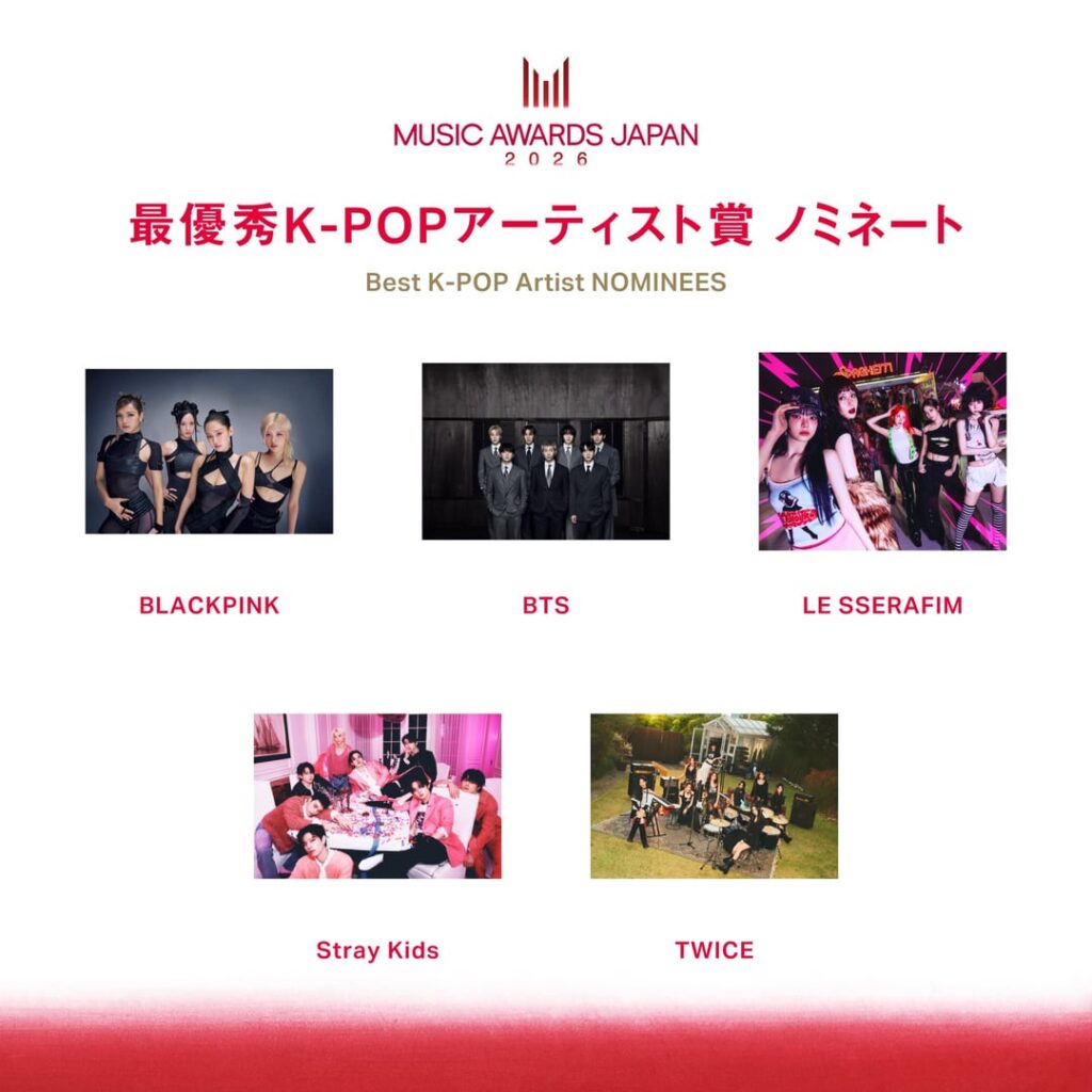 تم ترشيح 260430 LE SSERAFIM لأفضل فنان K-POP، وتم ترشيح أغانيهم "DIFFERENT" لأفضل أغنية K-POP في اليابان وتم ترشيح "SPAGHETTI (feat. j-hope of BTS) لأفضل اختيار المستمعين: الأغنية الدولية" في حفل توزيع جوائز الموسيقى اليابانية لعام 2026.