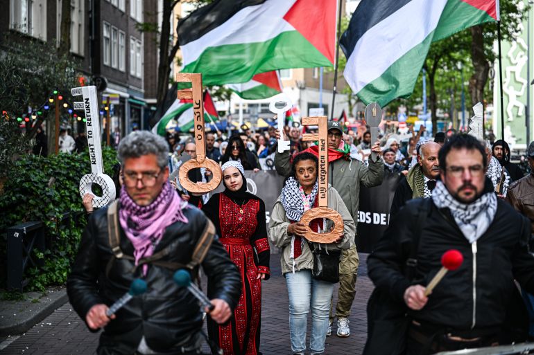 ROTTERDAM, NETHERLANDS - MAY 15: Large crowds march through the streets of Rotterdam during a demonstration marking Nakba Day on May 15, 2026 in Rotterdam, the Netherlands. The march begins at Schouwburgplein before moving through the city center in a silent procession. ( Mouneb Taim - Anadolu Agency )