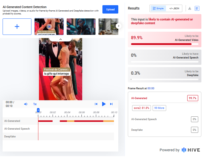 نتيجة فحص الفيديو في موقع Hive Moderation