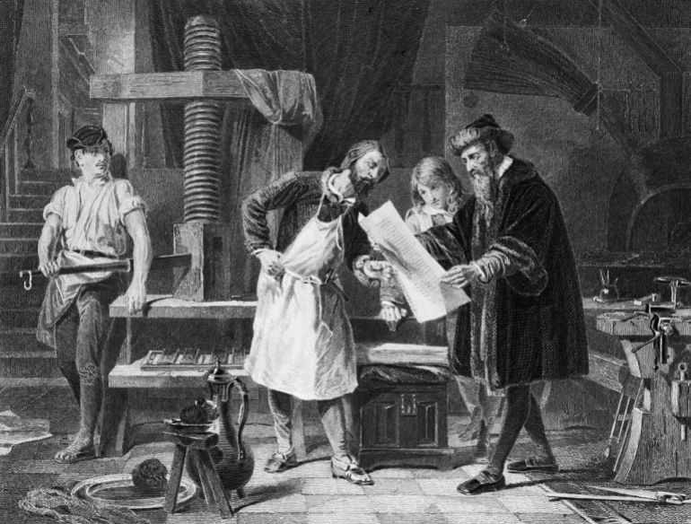 (Original Caption) Illustration depicting Gutenberg taking the first proof off his printing press. Undated engraving. BPA2# 3883