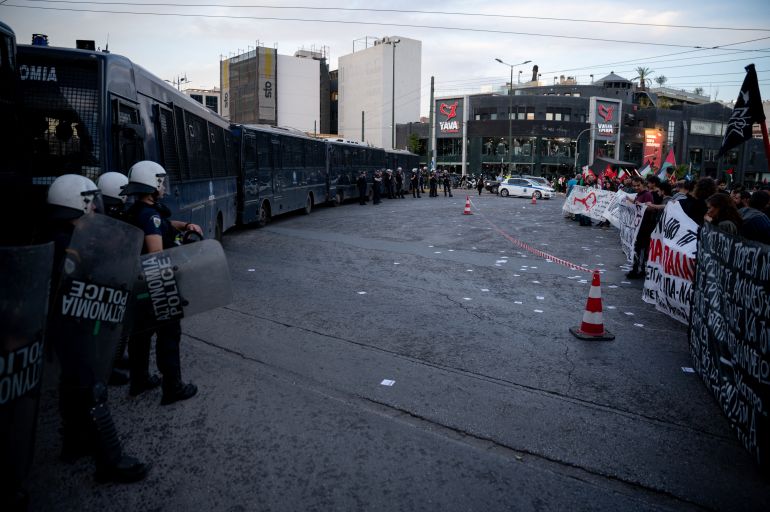 Greek riot police face protestors during a demonstration outside the Israeli embassy to mark the 78th anniversary of Nakba in Athens on May 15, 2026. (Photo by Aggelos NAKKAS / AFP)