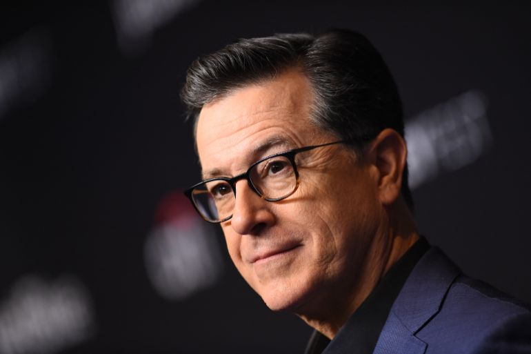 (FILES) US comedian Stephen Colbert arrives at the PaleyFest presentation of "An evening with Stephen Colbert" at the Dolby theatre on March 16, 2019 in Hollywood, California.