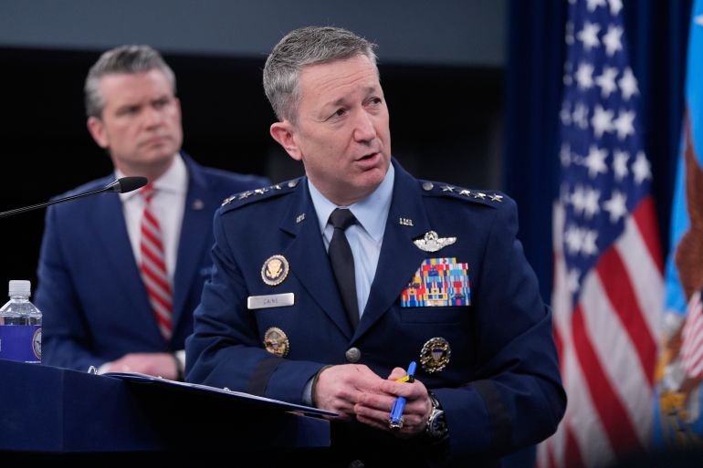 Defense Secretary Pete Hegseth and Chairman of the Joint Chiefs of Staff Gen. Dan Caine speak to members of the media during a press briefing at the Pentagon in Washington, Tuesday, May 5, 2026. (AP Photo/Manuel Balce Ceneta)
