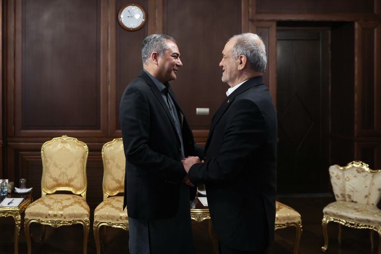 In this photo released by the Iranian Presidency Office, Iran's President Masoud Pezeshkian, right, shakes hands with Pakistan's Interior Minister Mohsin Naqvi during a meeting in Tehran, Iran, Sunday, May 17, 2026. (Iranian Presidency Office via AP)