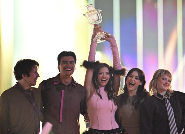 Winner Darina Nikolaeva Yotova, aka Dara and representing Bulgaria with the song 'Bangaranga' celebrates with the trophy after the final of the Eurovision Song Contest 2026 (ESC) at Wiener Stadthalle in Vienna, Austria on May 16, 2026. (Photo by Tobias SCHWARZ / AFP)