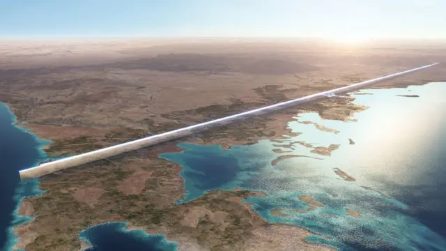 صورة مولّدة بالحاسوب تُظهر خطاً أبيض يعبر الأراضي السعودية بمحاذاة البحر.