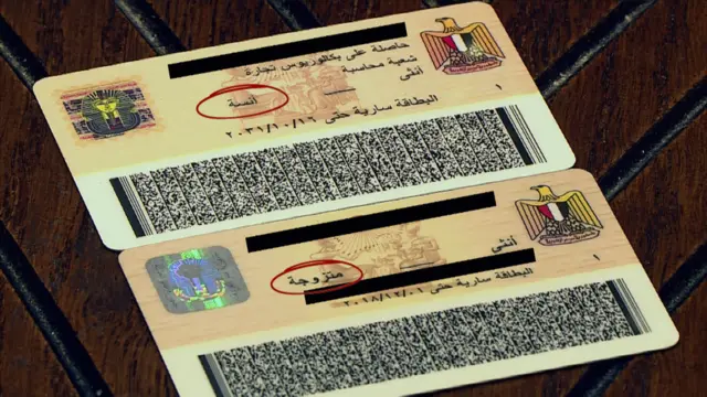 بطاقتان مصريتان للهوية للشخص ئاته كُتب في البطاقة المنتهية أن حاملتها متزوجة، أما البطاقة السارية كُتب فيها أن صاحبتها آنسة