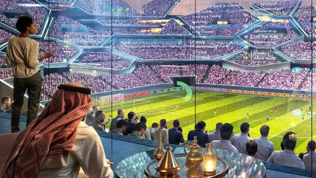 صورة مولّدة بالحاسوب تُظهر رجلاً بزي سعودي تقليدي وامرأة بملابس غربية يشرفان على ملعب كرة قدم ضخم.