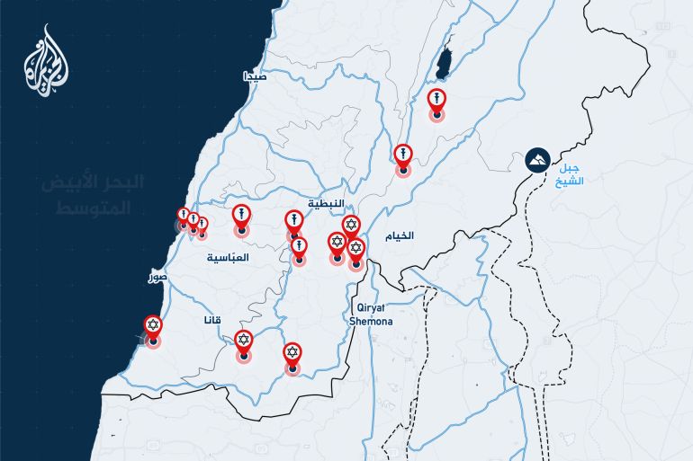 خريطة مدمجة تظهر المدن في جنوب لبنان، والجسور المستهدفة بالإضافة إلى نقاط التوغل الإسرائيلية (الجزيرة)