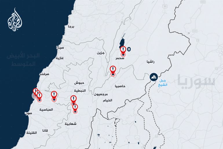 خريطة استهداف الجيش الإسرائيلي للجسور التي تربط جنوب لبنان ببقية البلاد (الجزيرة)