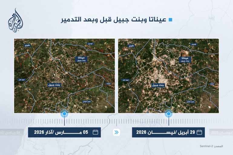 عيناتا وبنت جبيل في 5 مارس (على اليسار) قبل التدمير وفي 29 أبريل بعد التدمير (الجزيرة - Sentinel-2)