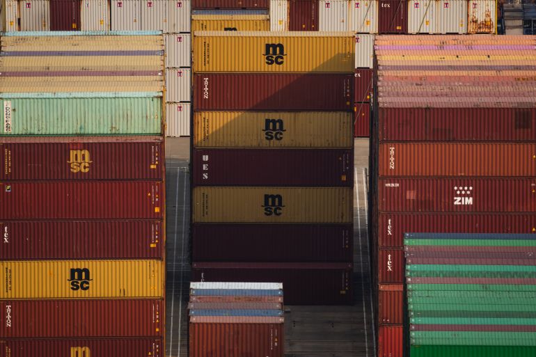 SHENZHEN, CHINA - APRIL 15: Stacks of shipping containers, including those from Mediterranean Shipping Company (MSC), are arranged at Yantian International Container Terminals on April 15, 2026 in Shenzhen, Guangdong province, China. The presence of major global carriers at one of China's busiest deep-water ports highlights the scale of containerized trade and the role of Chinese ports in international supply chains. (Photo by Cheng Xin/Getty Images)