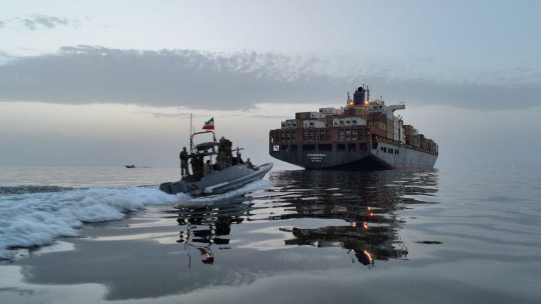 FILE PHOTO: The Epaminondas ship is seen during seizure by the Islamic Revolutionary Guard Corps (IRGC) in the Strait of Hormuz, Iran, in this image obtained by Reuters on April 24, 2026. Meysam Mirzadeh/Tasnim/WANA (West Asia News Agency) via REUTERS ATTENTION EDITORS - THIS PICTURE WAS PROVIDED BY A THIRD PARTY/File Photo