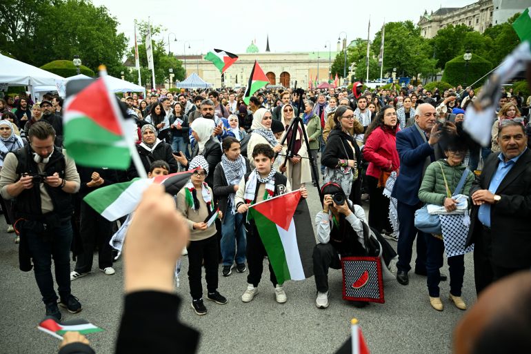 People attend a protest concert with the motto: No Stage for Genocide on Nakba Day, in Vienna, Austria, May 15, 2026. REUTERS/Elisabeth Mandl