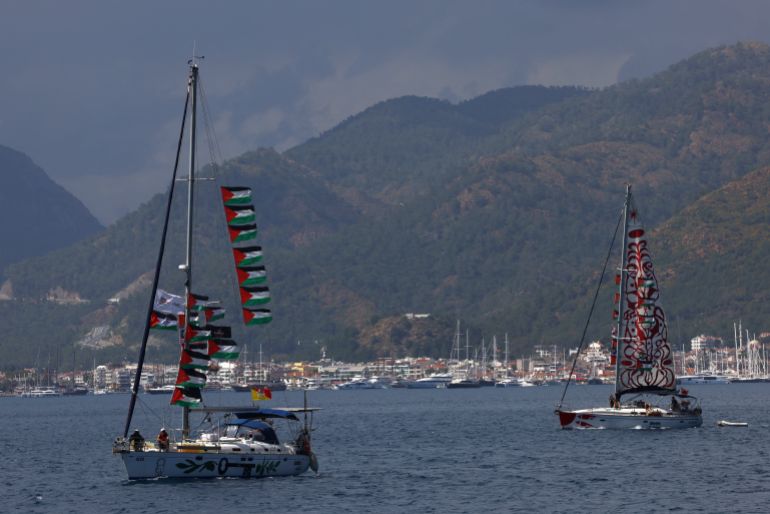 Boats taking part in the Global Sumud Flotilla, which aims to reach Gaza and break Israel’s naval blockade, set sail from a port in the southern Turkish resort of Marmaris, Turkey, May 14, 2026. REUTERS/Dilara Senkaya