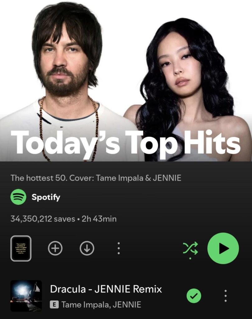 260501 Tame Impala & JENNIE موجودان على غلاف قائمة تشغيل "أفضل الأغاني اليوم" على Spotify مع احتلال "Dracula - JENNIE Remix" المرتبة الأولى!