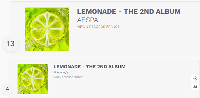 ظهر ألبوم 260608 'LEMONADE' لفرقة aespa لأول مرة في المركز 13 في مخطط أفضل الألبومات في فرنسا وفي المركز الرابع في قائمة أفضل الألبومات الفيزيائية، مما يجعله الألبوم الأعلى تصنيفًا للمجموعة في المخططات الرسمية الفرنسية.