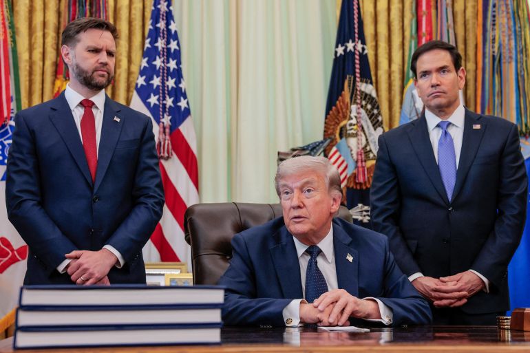 U.S. President Donald Trump speaks in the Oval Office, with Vice President JD Vance and Secretary of State Marco Rubio standing behind him, at the White House in Washington, D.C., U.S., April 23, 2026. REUTERS/Kylie Cooper