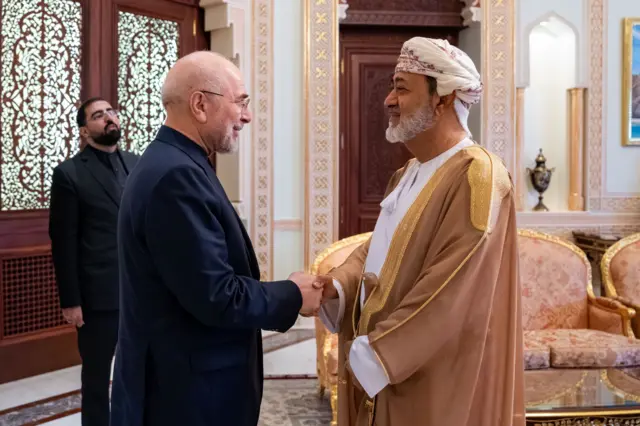 استقبال سلطان عُمان هيثم بن طارق مع رئيس البرلمان الإيراني محمد باقر قاليباف خلال زيارة الأخير إلى مسقط في 23 يونيو/ حزيران 2026