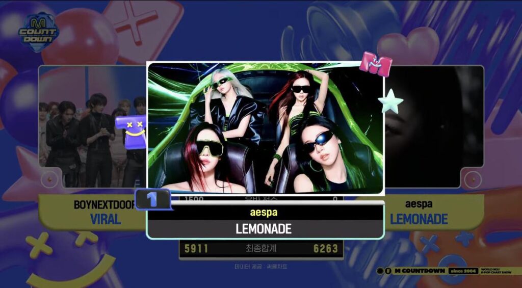 حصلت فرقة aespa على أول فوز لها في برنامجها الموسيقي لأغنية "LEMONADE" على قناة Mnet M Countdown (260618).