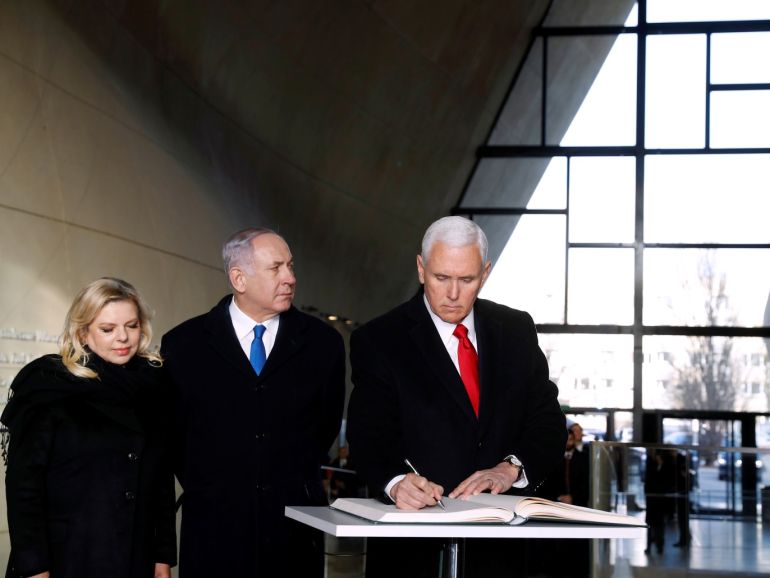 U.S. Vice President Mike Pence, Israeli Prime Minister Benjamin Netanyahu and his wife Sara visit the Jewish Museum in Warsaw, Poland, February 14, 2019. REUTERS/Kacper Pempel