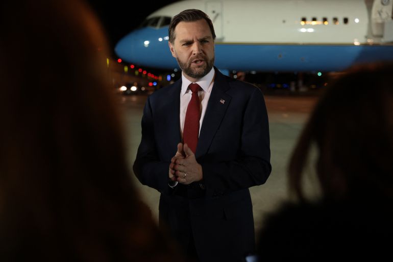 US Vice President JD Vance speaks to the media before boarding Air Force Two to return to Washington DC, after the White House announced he would be leading the US delegation in upcoming peace talks with Iran, at the Budapest Ferenc Liszt International Airport in Budapest, Hungary, on April 8, 2026.