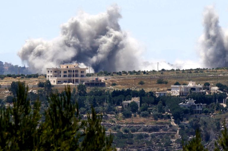 Smoke rises from Israeli bombardment near the village of Kfar Tibnit as seen from nearby Marjayoun (Marjeyoun) in southern Lebanon on June 6, 2026.
