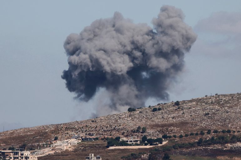 A photograph taken from the southern Lebanese region of Marjayoun shows smoke rising following an Israeli airstrike on the village of Nabatieh al-Fawqa on June 19, 2026.
