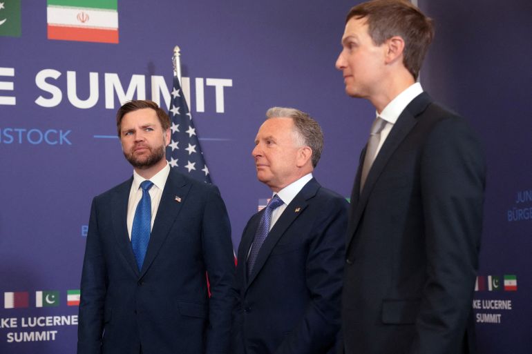 US Vice President JD Vance (L) waits, alongside US President Donald Trump's special envoy Steve Witkoff (C) and Trump's son-in-law Jared Kushner, to meet with Pakistan's Prime Minister Shehbaz Sharif (no seen), at the Burgenstock luxury hotel complex overlooking Lake Lucerne, Switzerland, on June 21, 2026, ahead of high-level talks aimed at advancing a deal to end the Middle East conflict.
