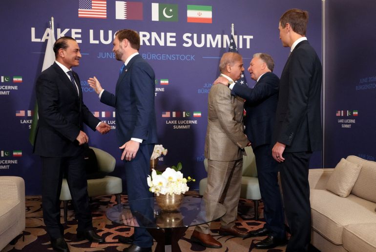 US Vice President JD Vance (2ndL), US President Donald Trump's special envoy Steve Witkoff (2ndR) and Trump's son-in-law Jared Kushner (R) meet with Pakistan's Prime Minister Shehbaz Sharif (2ndR) and Pakistan's Chief of Army Staff Field Marshal Asim Munir (L) at the Burgenstock luxury hotel complex overlooking Lake Lucerne, Switzerland, on June 21, 2026, ahead of high-level talks aimed at advancing a deal to end the Middle East conflict.