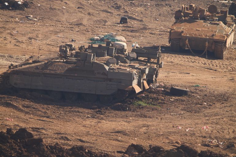 Israeli military APCs parked in northern Israel, near the border with Lebanon, Saturday, June 27, 2026 after Israel and Lebanon sign a framework agreement, described as a first step toward peace following months of conflict between Israel and the Lebanese militant group Hezbollah. (AP Photo/Ariel Schalit)