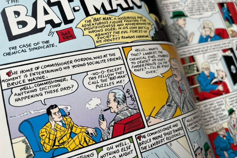 "Detective Comics" ran for more than two years before it introduced a character named Bat-Man. Here are the first pages of Bat-Man's first comic in 1939. This Gordon, who appears in the first panel alongside Bruce Wayne, is the smoothest Gordon would ever look. As published here in "Batman Archives Vol. 1" by DC Comics (1990). (Christopher Borrelli/Chicago Tribune/Tribune News Service via Getty Images)